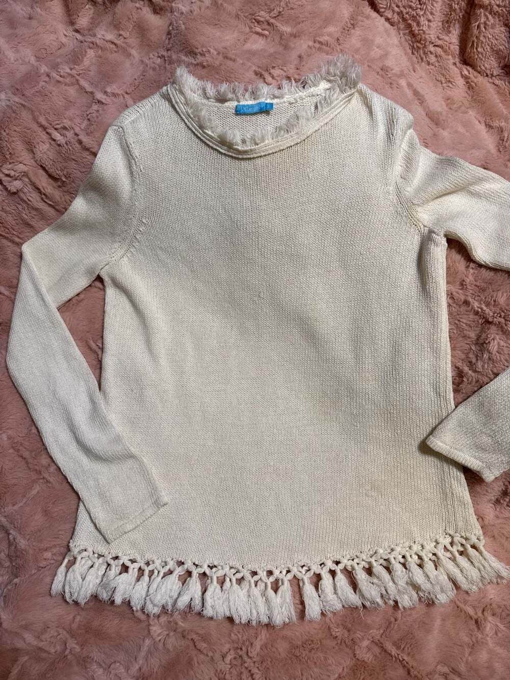 J.McLaughlin Fringe Neck Tassel Hem Knit Sweater Cream Size S